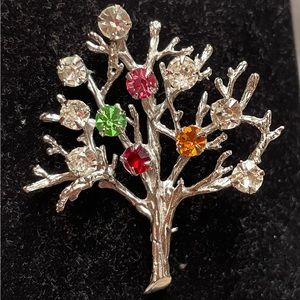 Vintage Uranium Sterling Tree of Life Multi-Colored Rhinestone Brooch Signed dec